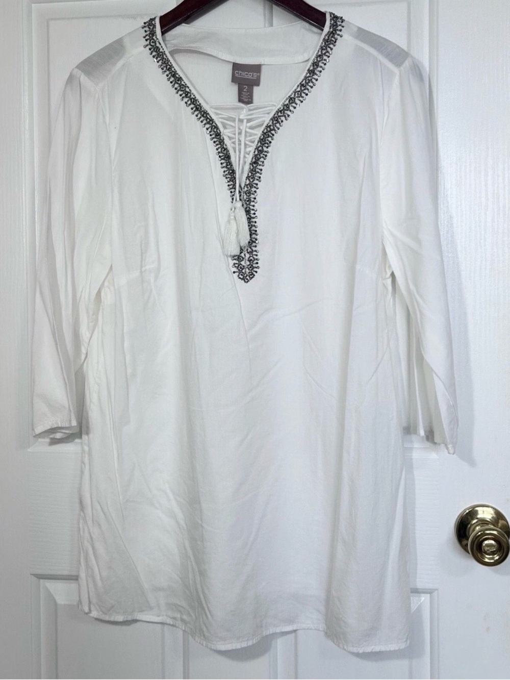 Chicos Boho Beaded Tassel White Cotton Modal Tunic Peasant Blouse Top 2 L⁠